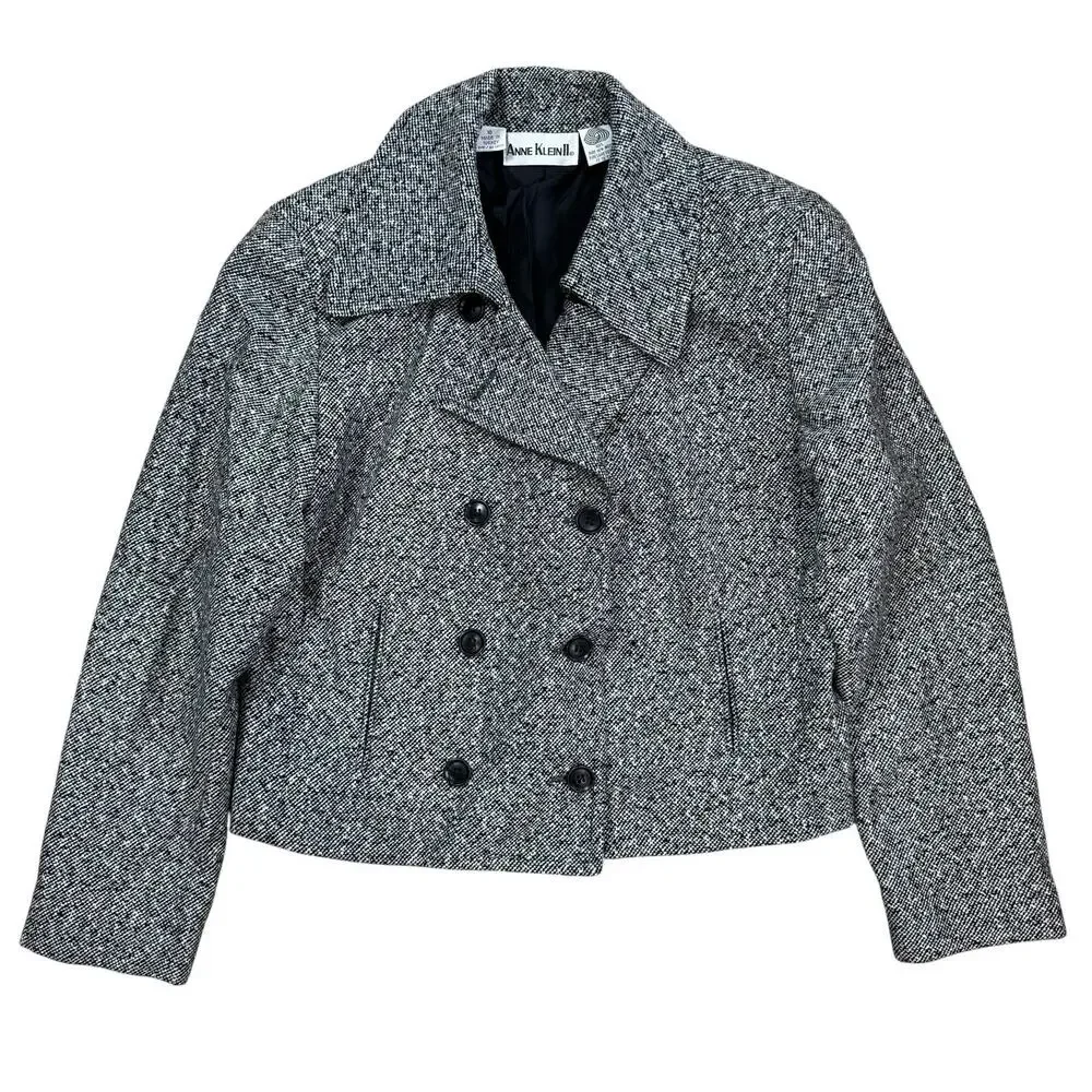 Anne Klein Wool Cropped Blazer Size 10 Black White Double Breasted Lined Jacket